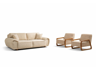 Wohnzimmer-Set 3-Sitzer-Sofa Sessel Moderner Stil Holzrahmen Beige Neu