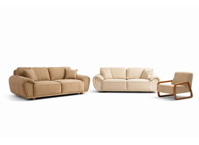 Wohnzimmer-Set Sessel 3-Sitzer-Sofa Beige Moderner Stil Holzrahmen Neu