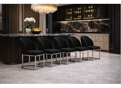 Sechs moderne schwarze Essstühle mit Metallrahmen und Polsterung