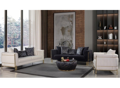 Modernes Wohnzimmer-Set 3+3+1 Weiches Sofa Sessel runder Couchtisch
