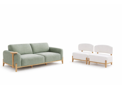 Wohnzimmer-Set Sessel 3-Sitzer-Sofa Weiß-Grün Moderner Stil Holzrahmen