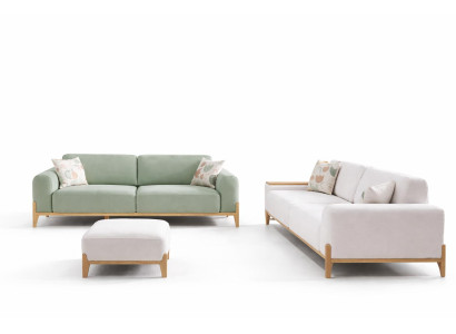 Wohnzimmer-Set Pouf 3-Sitzer-Sofa Weiß Grün moderner Stil Holzrahmen