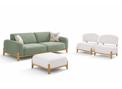 Wohnzimmer-Set Pouf Sessel 3-Sitzer-Sofa Weiß Grün Moderner Stil Neu