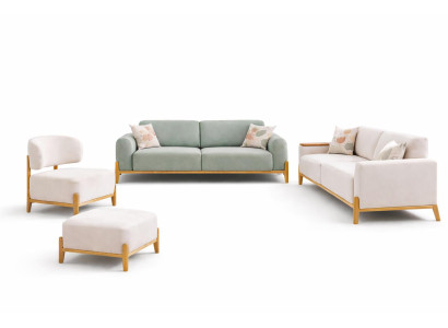 Wohnzimmer-Set 3-Sitzer-Sofa Pouf Sessel Weiß Grün Farbe Holzbeine Neu