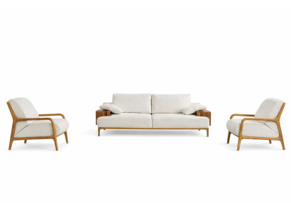 Wohnzimmergarnitur 3-Sitzer-Sofa Beige Moderner Stil Holzarmlehnen Neu