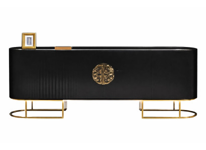 Modernes schwarzes Sideboard mit goldenen Akzenten und Glasplatte
