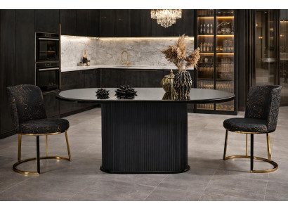 Elegantes Set mit ovalem Esstisch und 2 Stühlen in Schwarz und Gold