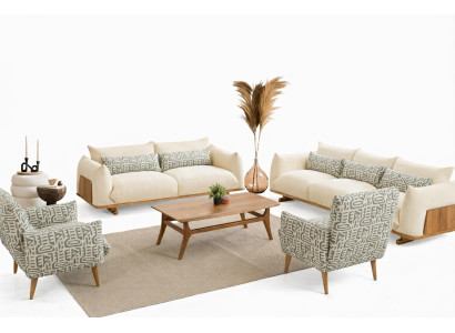 Wohnzimmer-Set 2-Sitzer-Sofa 3-Sitzer-Sofa Sessel Holzbeine Holzrahmen