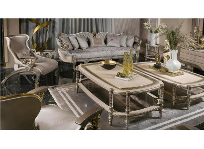 Stilvolle Beige Wohnzimmer Garnitur Polster 3-Sitzer Sessel Tisch