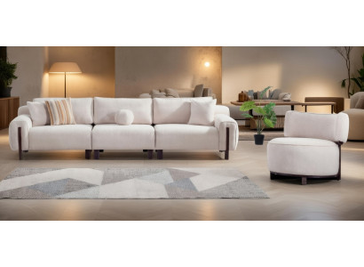 Stilvolles Sofa Set 4 Sitzer und Sessel Weiß mit braunen Holzbeinen