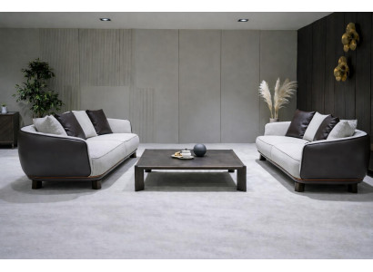 Elegantes Wohnzimmer-Set 3+3 Sitzer Weiß Braun Farbe Modernes Design
