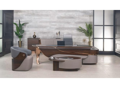 Grau-Brauner Büro-Set Exklusiver Schreibtisch Chefsessel Couchtisch
