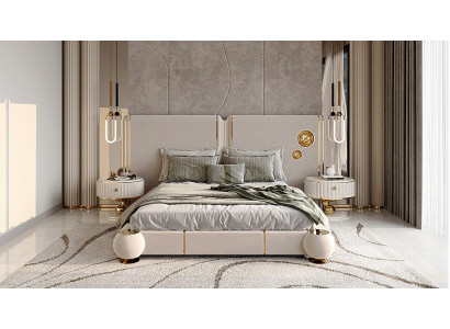 Beige Bett mit goldenen Akzenten und Nachttischen Modernes Schlafzimmer