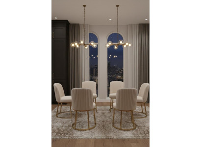 Set aus 6 eleganten Stühlen mit goldenen Beinen und Samtpolsterung