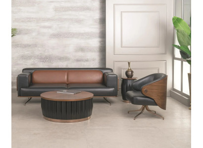 Schwarz-Braune Wohnzimmer Garnitur Edler 3-Sitzer Sessel Couchtisch