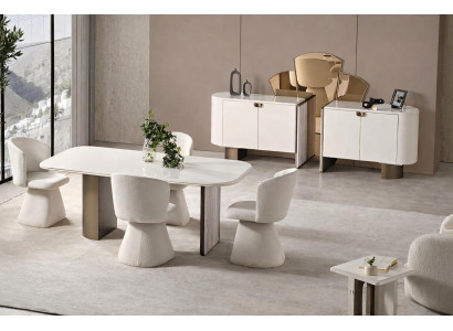 Modernes Esszimmer Set mit Tisch 4x  Stühlen Sideboard & Spiegel