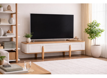 Weiß-Braunes TV-Lowboard Exklusiver Fernsehtisch Holzkommode Möbel