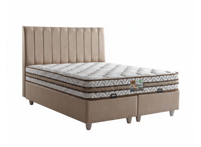 Bett mit Matratze Moderner Stil Beige Stoffbezug Bett mit Stauraum
