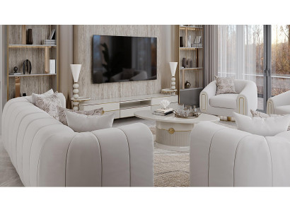Luxus Wohnzimmerset Sofa Couchtisch TV Lowboard Beige Gold Modern