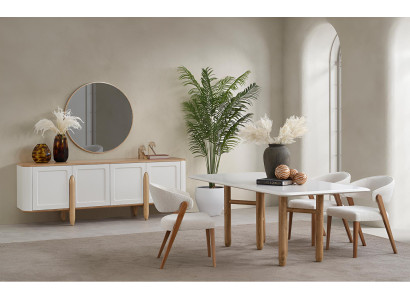 Weiße Esszimmer Garnitur Holztisch Edle 4x Polsterstühle Sideboard