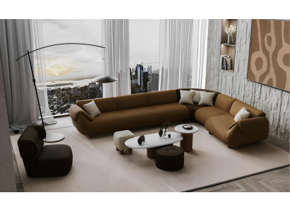 Wohnzimmer Braune Polstergarnitur Edle L-Form Couch Sessel 2x Hocker