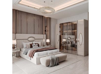 Beige Schlafzimmer Garnitur Polsterbett 2x Nachttische Holzschrank