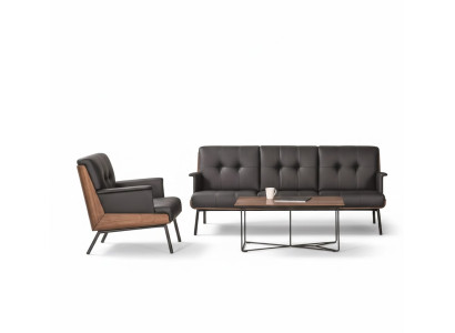 Designer Sofa Garnitur 3 Sitzer Sessel Couchtisch Holz Schwarz