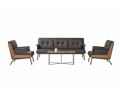 Designer Ledergarnitur Edler 3-Sitzer 2x Sessel Holz Couchtisch