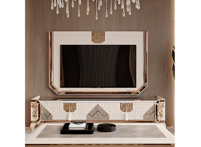 Modernes TV Lowboard mit geometrischen Mustern und goldenen Akzenten