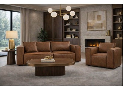 Braune Wohnzimmer Ledergarnitur Schickes 3-Sitzer Sofa Ledersessel