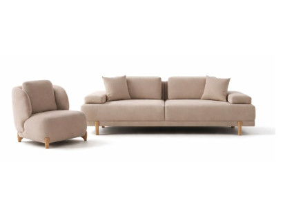 Wohnzimmer-Set 3-Sitzer-Sofa Sessel Moderner Stil Beige Holzbeine Neu