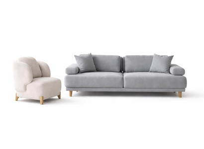 Wohnzimmer-Set 3Sitzer-Sofa Sessel Moderner Stil Graue Farbe Holzbeine