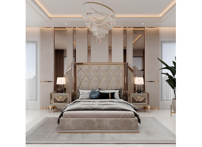 Modernes Schlafzimmer Set Bett Nachttische und goldene Akzente