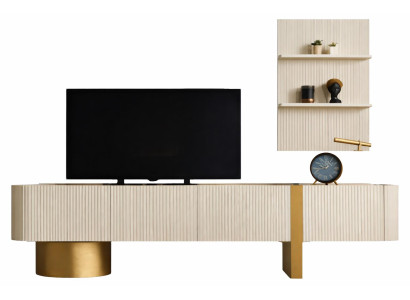 TV-Lowboard mit Wandregal in fluted Design und goldenen Akzenten