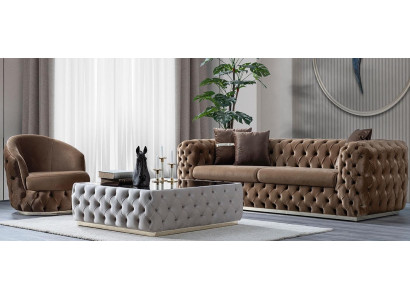Wohnzimmer Set 3-Sitzer-Sofa Sessel Couchtisch Stil modern Farbe braun