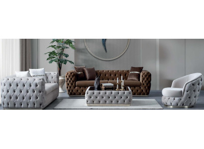 Wohnzimmer Set 2x 3-Sitzer-Sofa Sessel Stil modern Farbe braun weiß