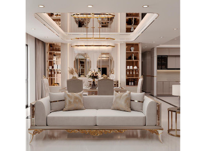 Stilvolles 3-Sitzer Sofa in Beige mit goldenen Akzenten und Komfort