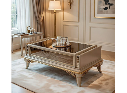 Stilvoller Couchtisch mit Glasoberfläche und goldenen Details