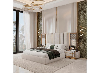 Elegantes Schlafzimmer Set mit Bett und Nachttischen in Gold und Weiß