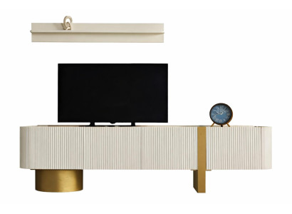 Modernes Set: TV-Lowboard und Regalmodul in Weiß mit Goldakzenten
