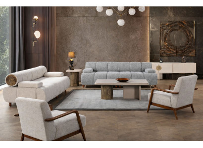 Stilvolles weiß-graues Wohnzimmer-Set 3+3+1+1-Sitzer Sofas schöner Sessel 4tlg
