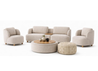 Wohnzimmer-Set 3-Sitzer-Sofa Sessel Couchtisch Hocker Beige Farbe Neu