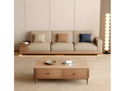 Beige Sofa 3-Sitzer Modern Holz Couchtisch Wohnzimmer Set 2tlg.