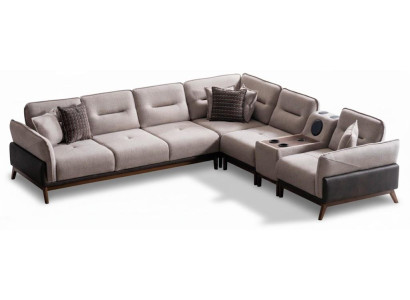 Ecksofa Beige Moderner Stil Audiosystem Weiche Armlehnen Holzbeine Neu