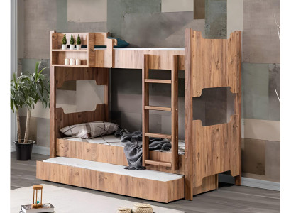Vielseitiges Etagenbett aus Holz mit Regalen und Schubladen