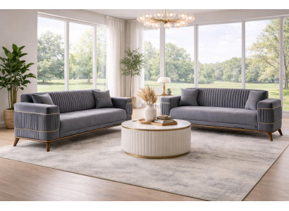 Stilvolle 3-Sitzer Sofas in Grau mit goldenen Details und elegantem Look