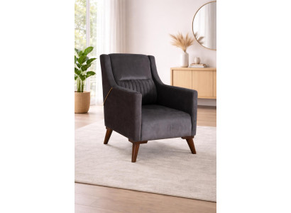 Stilvoller Sessel in Grau mit modernen Details und goldenen Verzierungen