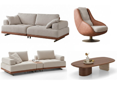 Beige Wohnzimmer Sofagarnitur Edler Dreisitzer Polstersessel Tisch