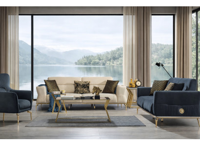 Blau-Beige Polster Sofagarnitur Designer 2x 3-Sitzer Textilsessel