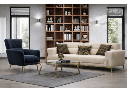 Blau-Beiges Sofa-Set Designer 3-Sitzer Exklusiver Polstersessel 2tlg